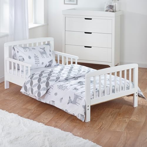 ELEGANT BABY Kinder Valley Complete 4 Piece Kids White Toddler Bed Bundle with Woodland Tales Reversible Bedding Set | Junior Bed and Children's Bed, Mattress not Included