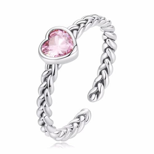 Qings Verstellbare Liebe Herz Ring für Damen 925 Sterling Silber Offener Ringe Rosa Herz Zirkonia Stapelbare Weben Ring Schmuck Geschenk für Frauen Mädchen
