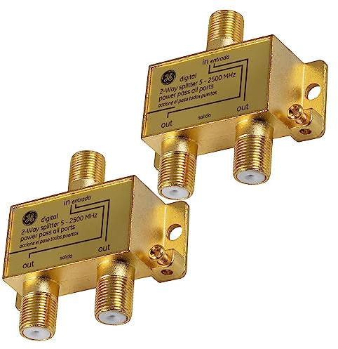 GE Digital 2-Way Coaxial Cable Splitter, 2.5 GHz 5-2500 MHz, RG6 Compatible, HD TV, Satellite, High Speed Internet, Amplifier, Antenna, Gold Plated Connectors, Corrosion Resistant, 2 Pack 73755