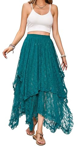 R.Vivimos Mujer Elegante Verano Bohemio Encaje Playa Falda Falda Larga Sensual Semitransparente Volantes Falda Larga Irregular(XL,Green)