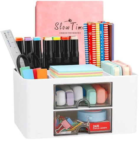 Kreativer & einfacher Schreibtisch Organisator, 6 kariert, Kunststoff Tisch Organisator mit Schublade, multifunktionaler Schreibtisch-Organisator, Stifthalter für Schule, Büro, Zuhause (Weiß)