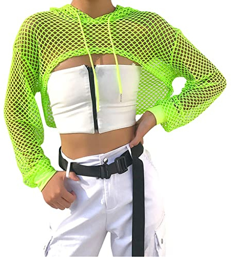 Women Mesh Fishnet Top Long Sleeve Top Hollow Out Hoodie Crop Top Sexy Crochet See Through Party Clubwear Summer Beach Cover Up Shirt for Ladies (UK, Numeric, 8, 10, Regular, Regular, Neon Green)