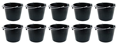 10 x 14L Litre Strong Plastic Builders Bucket 3 Gallon Multipurpose Storage Bucket Construction Bucket With Metal Handle & Spout For Cleaning Animal Feed Mixing Home & Garden Made in UK (Black)