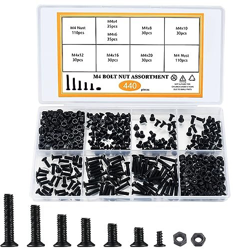 440 Piezas Juego de Tornillos y Tuercas, M4 Tornillos de Cabeza Avellanados con Tuercas, Tornillos de Cabeza Cruzada y Tuercas, Tuercas y Tornillo Mecanico de Cabeza Plana