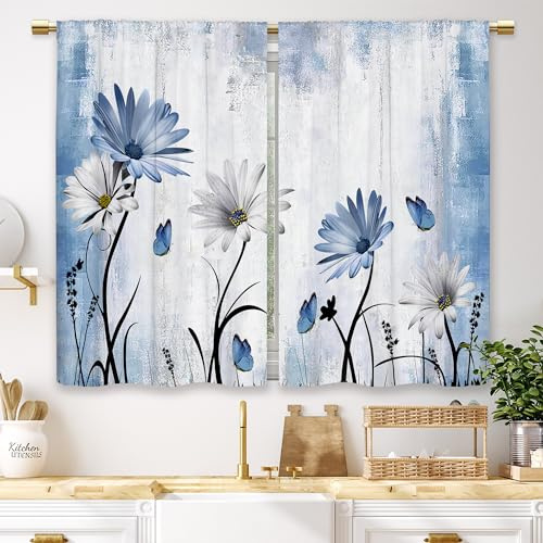 Laifzere Rustic Blue Daisy Floral Kitchen Curtains Farmhouse Flower Small Short Cafe Window Curtains Butterfly Country Rod Pocket Bathroom Window Drapes Treatment Tier Curtains 2 Panels (27.5x39 Inch)