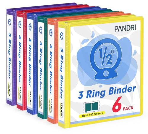 PANDRI 6 Pack 0.5-inch 3 Ring Binders with 2 Interior Pockets, 6 Colors