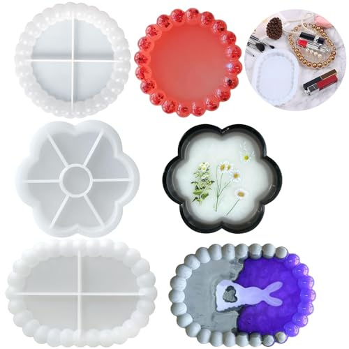 3Pcs Bubble Coaster Mould Set, Bubble Tray Epoxy Resin Casting Mould, DIY Oval Flower Plate Mold, Decorative Silicone Jewelry Dish Mold, Round Art Craft Cup Mat Moulds for Bowls Home Decorations