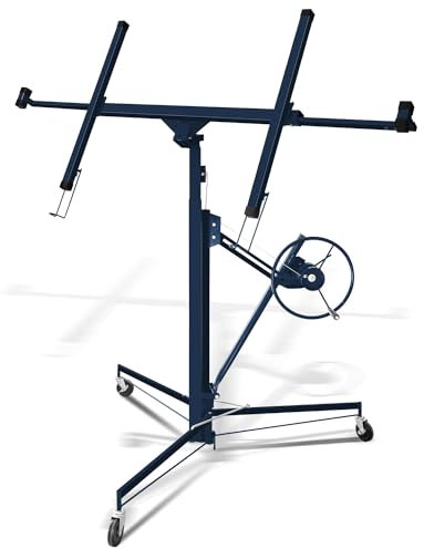 Joparri Lève-plaque XXL pour plaques de plâtre de 290 cm de largeur maximale et de charge de 68 kg, hauteur de travail 140-350 cm, 3 roues avec frein de stationnement, bleu