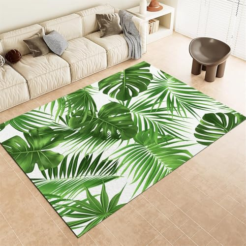 Plant Palm Leaf Print Area Rug, Washable Non-Slip Low Pile Non-Shedding Easy to Clean Soft Carpet - Grey Floor Mat for Living Room Bedroom Kitchen High Traffic Areas - 80 x 150 cm