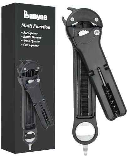 Banyaa Jar Opener for Seniors with Arthritis, 7 in 1 Bottle Opener and Wine Corkscrew, Easy Grip Kitchen Gadget for Weak Hands Elderly, Retractable Jaw Lid Opener with Magnetic Storage (Black)