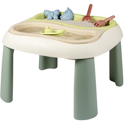 Smoby Life - Table Sable et Eau - 2 Bacs Amovibles, Pelle, Râteau, Bateau, Moules à Sable - Jouet pour Utilisation Extérieure - Matière Recyclée - A Partir de 18 Mois - Fabrication Française