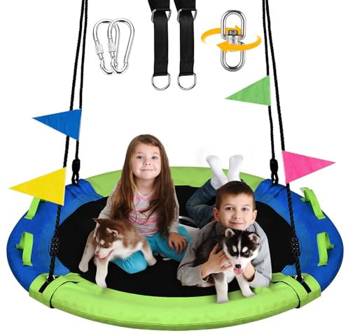 HeyZoo 43 Inch Tree Swing, 900lbs Weight Capacity Saucer Swing Sets for Kids & Adults, with 360 Degree Swivel and Adjustable Hanging Strap, Green and Blue