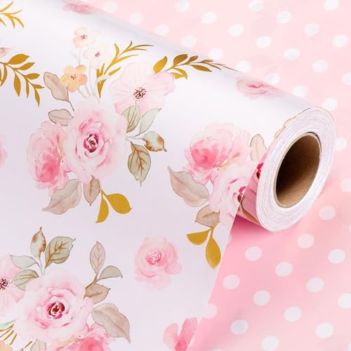 Wikadlik Watercolor Rose Wrapping Paper - 43cm x 10m Mini Roll - Pink Flowers and Hearts Pattern Floral Gift Wrap Paper for Valentines Day, Mothers Day, Wedding