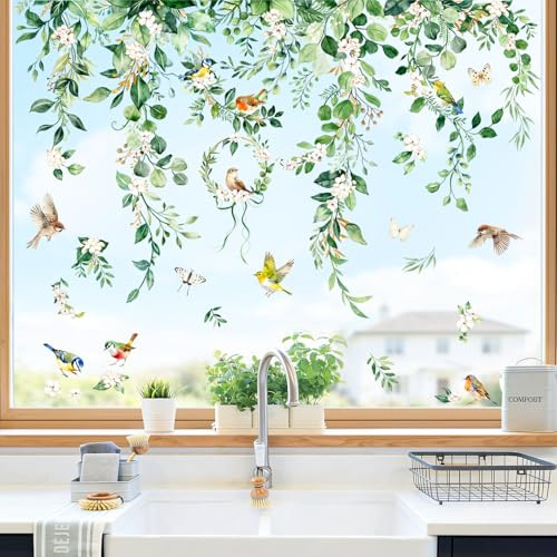 Supzone Hanging Eucalyptus Leaves Flowers Static Window Clings Double Sided Spring Floral Leaf Plant Birds Window Decals Anti-Collision Glass Doors Mirror Stickers for Birds Strikes