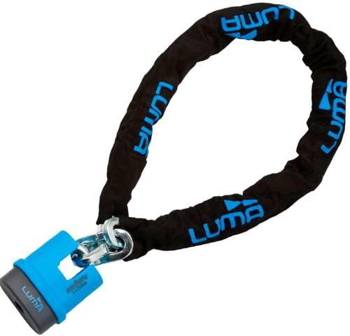 Cadena antirrobo LUMA 28 CHAIN – Cadena de seguridad en acero endurecido con llave reversible – Resistente al impacto, protección contra vandalismo y clima para motos y bicicletas.. (Azul, 170 cm)