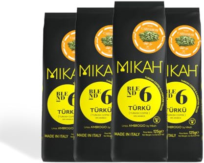 Caffè TURCO con Cardamomo macinato - Miscela di caffè 100% Arabica macinato MIKAH® secondo la tradizione turca - 4 Sacchetti da 125gr (Caffè turco con CARDAMOMO)