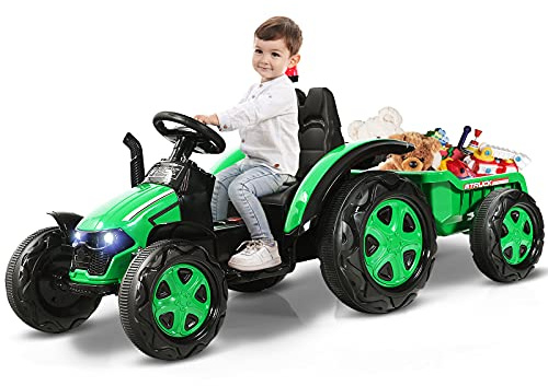 COSTWAY Tractor Eléctrico 12 V 7 AH para Niños con Remolque, Tractor Juguete para Niños 3-8 años, Mando 2,4 G y Arnés de Seguridad de 2 Puntos, Faros, Música, Bocina, MP3,USB (Verde)