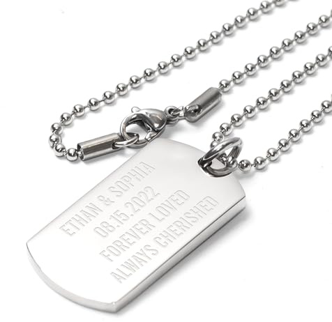 EIO Gifts Premium Tag Pendant Necklace – Personalised Silver Stainless Identity Jewellery For Him & Her in a Presentation Box - Your Text Engraved