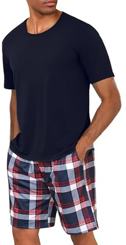 Uniexcosm Schlafanzug Herren Baumwolle Kurz Zweiteiliger Pyjama Set Nachtwäsche Kurzarm Oberteil und Karierte Schlafanzughose Hausanzug Sleepwear A:Dunkelblau XL