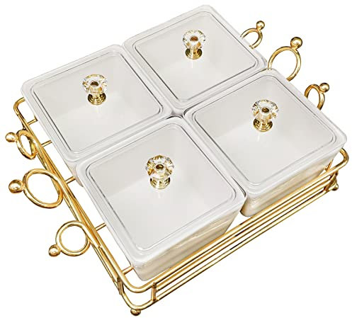 YA JU Keramikschale Mit Metall tablett 4 abnehmbare Dipschalen Vorspeisen,Obst,Süßigkeiten und Gewürze verwendet-Geburtstagsfeiern,Feiertagsgedenken,verschiedene Aktivitäten (Weiße 4-Gitter)