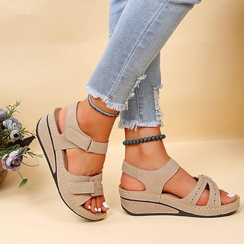 DOIX Sandalias Ortopédicas Mujer Con Soporte Para Arco, Boca de Pescado Cuña Para Fascitis Plantar, Zapatos de Playa Exteriores Con Suela Blanda, Beige, US7/EU38