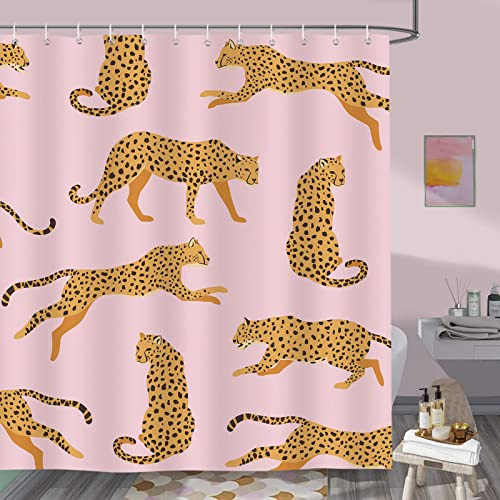 Bonhause Rosa leopard duschdraperi tropiskt djur gepard trendigt badrumsdraperi 180 x 200 cm vattentätt mögel- och mögelbeständigt polyestertyg baddraperi med 12 krokar
