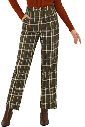 Allegra K Pantalones a Cuadros Casuales para Mujer, Bolsillos, Pierna Recta, Trabajo, Oficina, Negocios Ejercito Verde XL