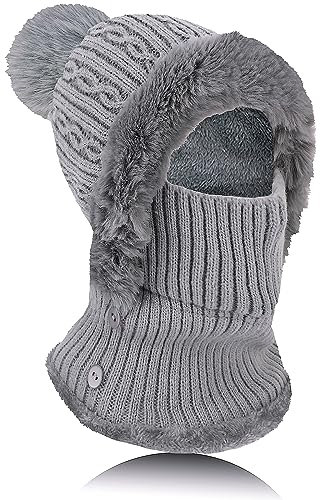TAGVO Gorro de Punto Invierno Mujeres, Cálido Gorro y Calentador De Cuello, Pasamontañas Térmico Invierno de Viento con Mascarilla, Forro Suave y Grueso para Al Aire Libre,Gris