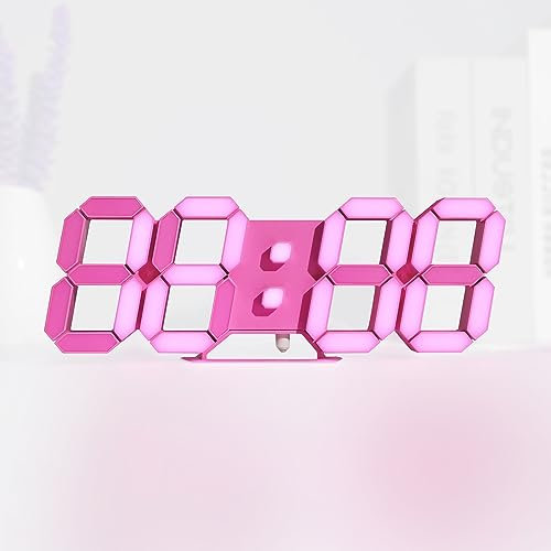 KOSUMOSU LED-Wanduhr, Rosa, 3D, 24 cm, Tischuhr für Wohnzimmer, Moderne Digitaluhr für Schlafzimmer, ästhetischer Computer mit Fernbedienung/Dimmen/Dimmen/12/24 Stunden…