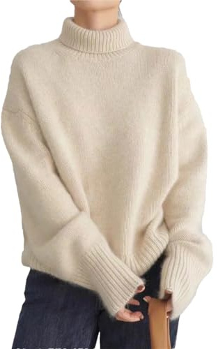 Vsadsau 100% Merino Wool Turtleneck Sweater Women Winter Thicken Fluffy Jumper Long Sleeve Knitted Pullover Milky White L