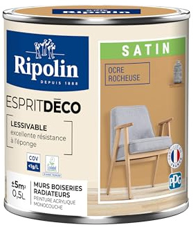 RIPOLIN - Peinture Intérieure Multi-Supports – Murs, Boiseries & Radiateurs – Ultra Couvrante – Lessivable – Application Facile – Ecolabel - Satin - 0,5L - Ocre Rocheuse