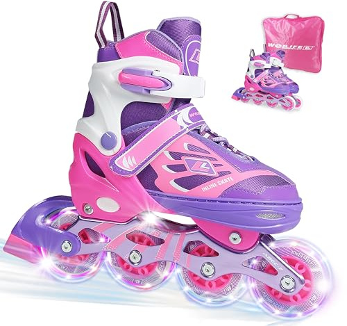 WeLLIFE SK-Line Pro | Pattini in Linea Regolabili per Bambini e Bambine | Ruote LED Luminose | Pattini Comodi e Robusti con Borsa Inclusa | Ideali per Principianti - taglia M (33-37)