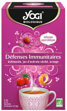 Yogi Biologique Défenses Immunitaires, Infusion 100% Bio Échinacée, Jus d'Acérola séché et Orange, 15 Sachets thermosoudés et sans agrafe, 24 g, 311016