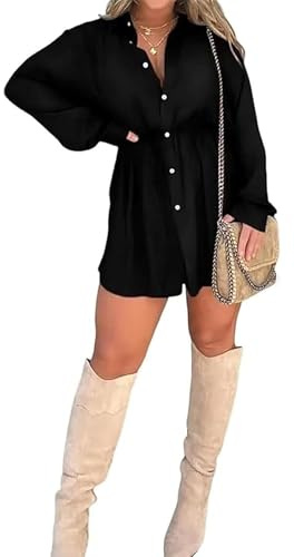 Felcia Women Loose Fit Shirt Dress Casual Satin Nights Romper Dress Long Sleeve Lapel Collar V Neck Button Down Short Silk Dress (Black A, S)
