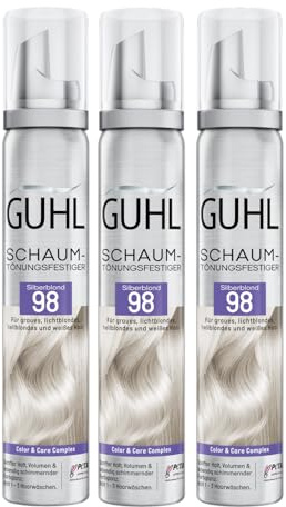 Guhl Schaum-Tönungsfestiger Vorteils-Set - Inhalt: 3x 100 ml - Farbe 98 - Silberblond - Für graues, lichtblondes, hellblondes und weißes Haar - Sanfter Halt, Volumen und Farbglanz