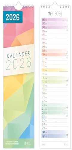 Häfft® Streifenkalender 2026 lang & schmal (9 x 42 cm) Monats-Wandkalender für Küche, Flur & Co - übersichtliche Termine & Geburtstage Rainbow- nachhaltig & klimafreundlich