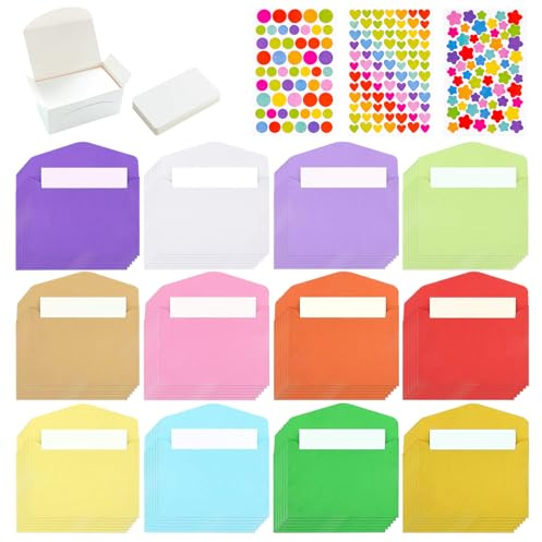 Lvjkes Sobres Pequeños, 72 Piezas Mini Sobres, 100 Piezas Tarjetas en Blanco Blancas y 3 Hojas Pegatinas de Tamaño Múltiple para Materiales de Regalo de Fiesta de Boda y Cumpleaños