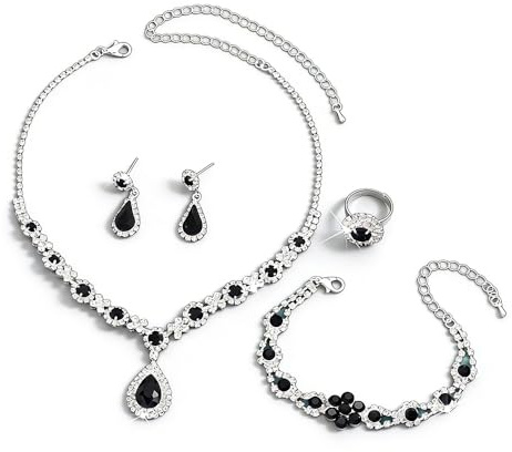 XFSRG Señoras Joyería Set Rhinestone Pendientes Collar Pulsera Anillo Clásico 4 Piezas Mujeres Joyería Juegos de Joyas para Boda Fiesta Prom