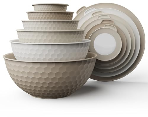 COOK WITH COLOR Mixing Bowls with Lids - 12 Piece Plastic Nesting Bowls Set includes 6 Prep Bowls and 6 Lids, Microwave Safe Mixing Bowl Set, Brown Embossed