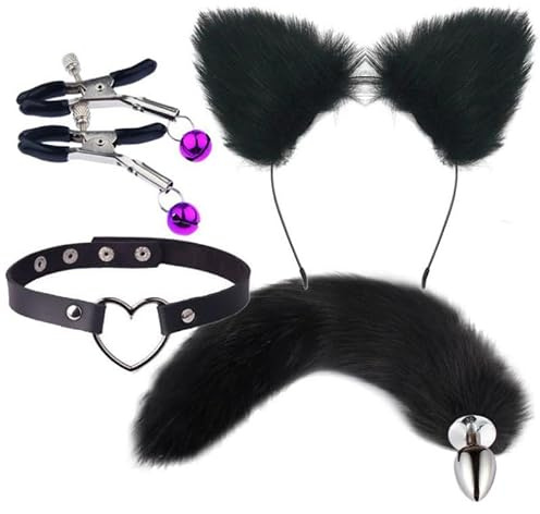 Black Faux Fur Tail Cat Ear Headpiece Set, Halloween Party Halsband, Anime, Cosplay, Festival Party Rollspel TillbehöR, Par GåVor