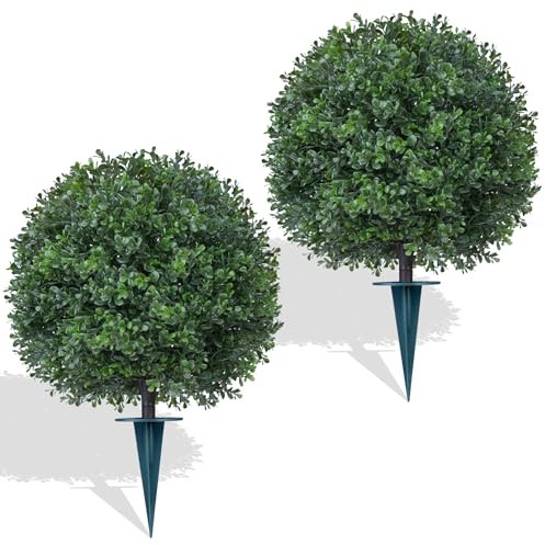 Yangrass 2Pcs Artificial Boxwood Topiary Ball Tree, UV Resistant Artificial Outdoor Shrubs with Spike, Decorative Evergreen Fake Topiary Bushes Plant for Front Porch Garden
