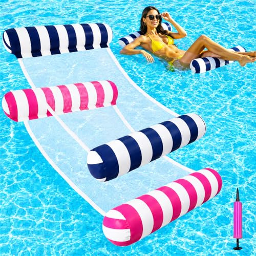2 Piezas Colchoneta Hinchable Piscina Adultos 4 en 1, Hamaca Flotante con Red de Malla, Reposacabezas y Bomba Manual, Flotador Piscina Adulto Plegable para Piscina, Playa y Vacaciones