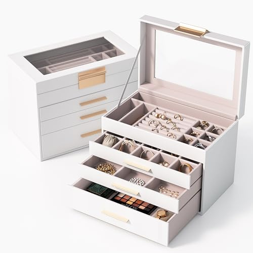 gaobaidu Grande boîte à bijoux à 4 niveaux avec couvercle en verre,3 Tiroirs, pour Lunettes de Soleil, Rangement pour Bijoux (blanc)