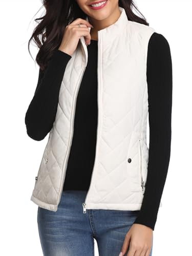 Fuinloth Women's Quilted Vest, Stand Collar Lightweight Zip Padded Gilet White XL