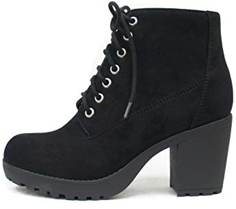 Soda Second Lug Sole Chunky Heel Combat Ankle Bootie Lace up w/Side Zipper (11, Black Imitation Suede)