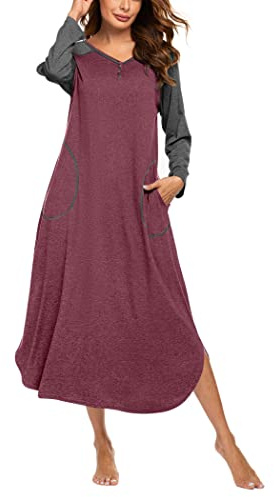 Ekouaer Women Long Sleeve Nightgowns Full Length Sleepshirt with Pockets V Neck Lounge Dress Nightwear Wine Red Medium