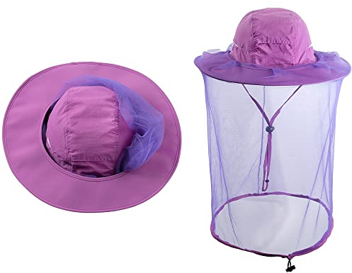 Mosquito net hat fly netting cap Beekeeper hood bee beekeeping veil bug face shield safari hiking Gardening mesh (Purple)