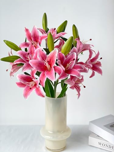 YalzoneMet RUZUQE 2 Pcs 28'' Deep Pink Lily Artificial Flowers Fake Real Touch Lilies 3 Heads Buds Faux Flora for Indoor Home Decor Outdoor Party Easter Lily Flower Table Centerpiece