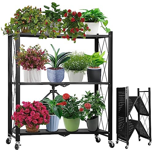 REAWOW Metall Pflanzenregal Klappbares Blumenregal mit Rädern Keine Installation Blumenständer Modern 3-Etagen Pflanzenständer für Drinnen und Draußen Schwarz