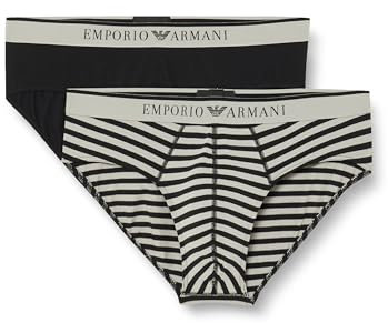 EMPORIO ARMANI Herren Stretch Cotton Yarn Dyed Striped 2pack Briefs, Black/Stone Stripe, XL (2er Pack)